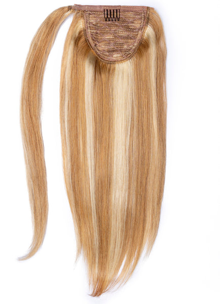 16 inch Clip in Ponytail Extension Light Brown with Light Blonde Highlights