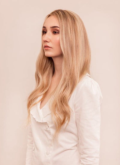 20 inch Seamless Clip in Hair Extensions Light Brown with Light Blonde Highlights